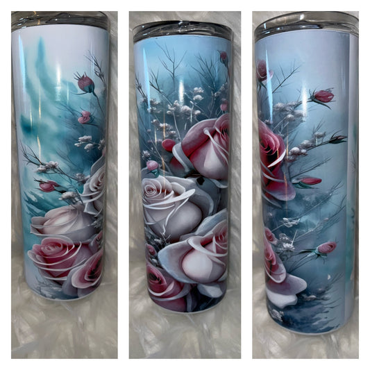 Pink Roses Blue/White 20oz. Sublimation Tumbler